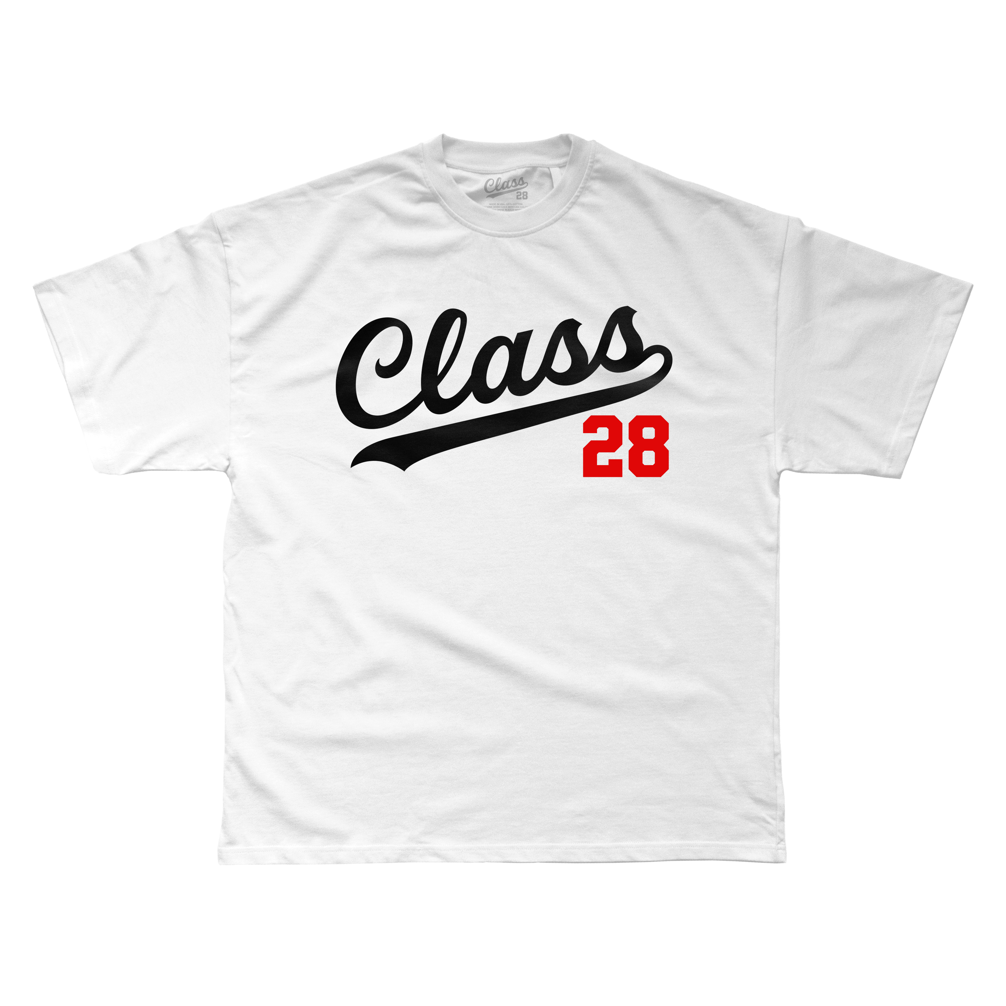 Class 28 Classic Script Black/Red Logo Tee on White